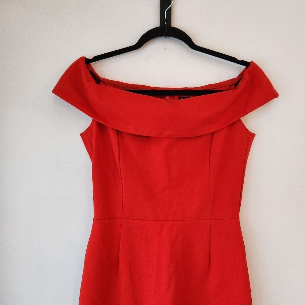 Zara Basic Off-Shoulder Red Midi Cocktail Dress Stretch Ponte Knit Christmas S - Picture 4 of 9